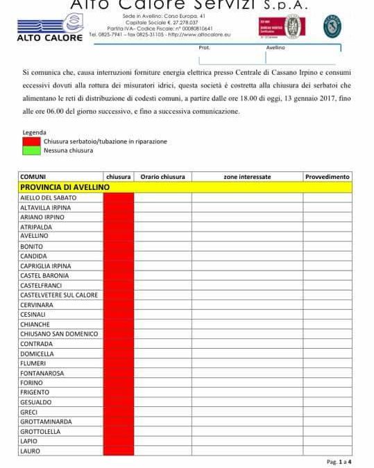 AGGIORNAMENTO emergenza idrica ed emergenza gelo – 13 Gennaio 2017 – Serino (AV) – FOTO